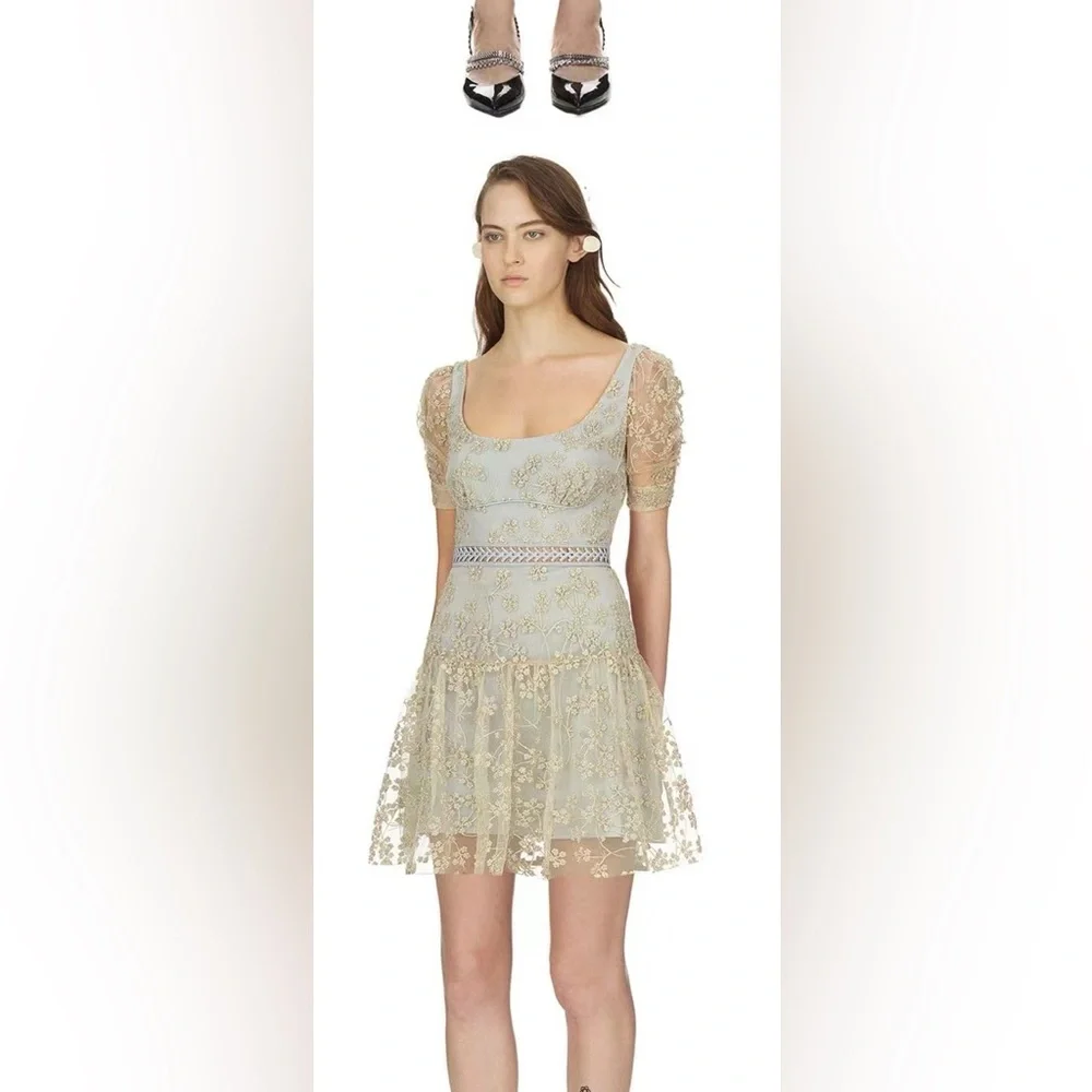 NWOT Self-Portrait Short Sleeve Chiffon Midi Dress gold Light Blue - Picture 8 of 11